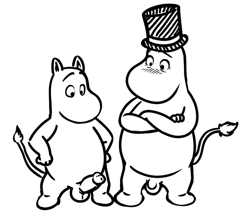 2021 anthro balls belly blush clothing duo erection genitals hat headgear headwear hi_res male moomin moominpappa moomintroll neenya penis simple_background slightly_chubby small_penis the_moomins white_background