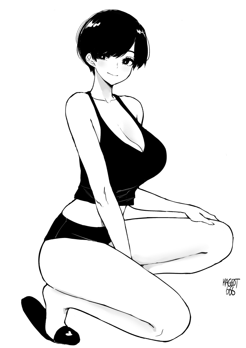 1girl absurdres artist_name bare_legs bare_shoulders between_legs black_hair blush breasts camisole cleavage closed_mouth collarbone from_side full_body hand_between_legs highres kneeling large_breasts looking_at_viewer midriff monochrome navel norman_maggot olive_laurentia original panties pixie_cut short_hair simple_background slippers smile solo underwear