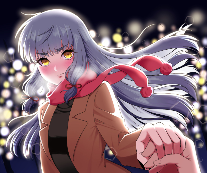 1boy 1girl alternate_costume bangs blunt_bangs brown_coat coat eyebrows_visible_through_hair hair_ribbon holding_hands kantai_collection long_hair long_sleeves male_hand murakumo_(kancolle) open_clothes open_coat orange_eyes pov red_scarf ribbon scarf sidelocks silver_hair tress_ribbon yomogi_dango