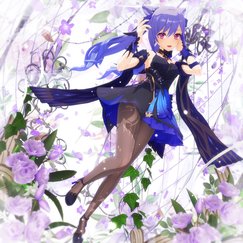 1girl absurdres arm_behind_head armpits bangs bare_shoulders black_legwear blue_dress blush bow_choker breasts brochette chandelier cleavage commentary_request dress earrings eyebrows eyelashes floral_background flower full_body genshin_impact gradient_dress hair_cones hands_up head_tilt high_heels highres jewelry keqing_(genshin_impact) keqing_(opulent_splendor)_(genshin_impact) kurogoma_(meganegurasan) long_hair looking_at_viewer medium_dress mikumikudance multicolored_clothes multicolored_dress official_alternate_costume official_alternate_hairstyle open_mouth pantyhose pink_eyes purple_dress purple_flower purple_footwear purple_hair shiny shiny_hair sidelocks simple_background smile solo very_long_hair white_background