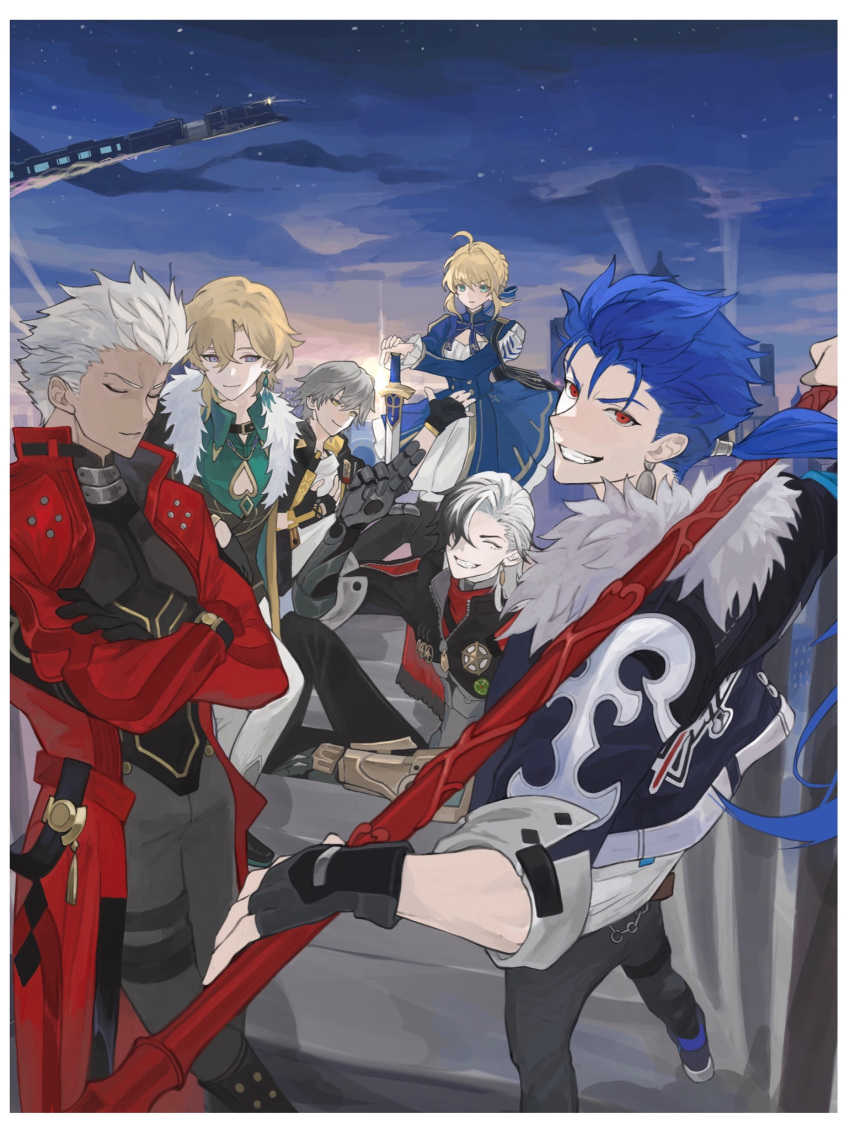 1girl 5boys aqua_eyes aqua_shirt archer_(fate) archer_(honkai:_star_rail)_(fate) armor artoria_pendragon_(fate) astral_express_(honkai:_star_rail) aventurine_(honkai:_star_rail) back black_boots black_coat black_collar black_gloves black_hair black_pants black_shirt black_shoes black_vest blonde_hair blue_bow blue_bowtie blue_dress blue_eyes blue_hair blue_jacket blue_sky boothill_(honkai:_star_rail) boots border bow bowtie bracelet braid breasts bullet_earrings caelus_(honkai:_star_rail) cape chain city cleavage_cutout closed_eyes closed_mouth clothing_cutout cloud cloudy_sky coat collar collared_shirt commentary_request crossed_arms crossed_bangs cu_chulainn_(honkai:_star_rail)_(fate) cyborg dark-skinned_male dark_skin dress earrings evening excalibur_(fate/stay_night) fate/stay_night fate/unlimited_blade_works fate_(series) fingerless_gloves from_behind fur-trimmed_jacket fur_trim gloves gold_bracelet grey_armor grey_hair grey_pants hair_bow hair_bun hair_ornament hair_over_one_eye hand_up heart_cutout highres holding holding_polearm holding_sword holding_weapon honkai:_star_rail honkai_(series) hood hooded_coat jacket jewelry juliet_sleeves lapels long_hair long_sleeves looking_at_another looking_at_viewer looking_back low_ponytail mechanical_arms mechanical_hands medium_breasts multicolored_eyes multicolored_hair multiple_boys mumu_vosp open_clothes open_coat outdoors pants polearm ponytail puffy_sleeves purple_eyes red_cape red_coat red_eyes saber_(fate) saber_(honkai:_star_rail)_(fate) shadow sharp_teeth sheriff_badge shirt shoes short_hair shoulder_armor sidelocks single_earring sitting sky smile spear standing star_(sky) star_ornament starry_sky sun sunset sword t-shirt tassel teeth thigh_strap trailblazer_(honkai:_star_rail) train two-sided_coat two-sided_fabric two-tone_dress two-tone_hair v-shaped_eyebrows vest weapon white_border white_dress white_hair white_pants white_shirt yellow_coat yellow_eyes zipper