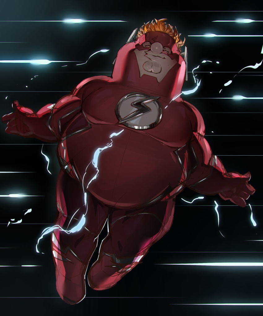 1boy blonde_hair bodysuit cleft_chin closed_mouth cosplay dc_comics english_commentary family_guy fat fat_man highres kowai_(iamkowai) male_focus peter_griffin red_bodysuit solo the_flash the_flash_(cosplay) the_flash_(series)