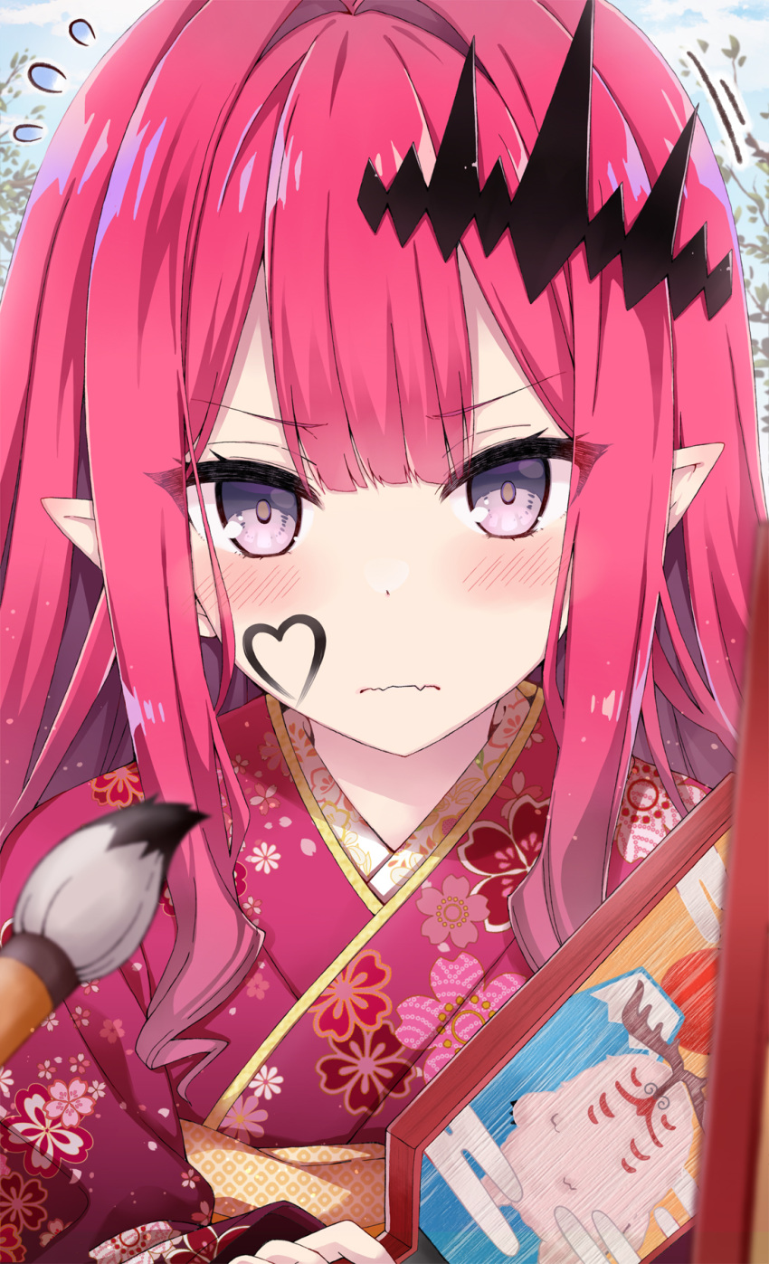 1girl blush brush calligraphy_brush commentary_request eyebrows_visible_through_hair eyes_visible_through_hair face fairy_knight_tristan_(fate) fate/grand_order fate_(series) hair_between_eyes hair_ornament highres japanese_clothes kimono looking_at_viewer paintbrush pink_hair pointy_ears purple_eyes rioshi