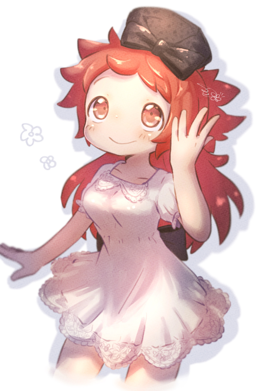 back_bow bandam bangs bare_arms black_headwear blush bow breasts cowboy_shot dress drop_shadow hand_up hat highres long_hair looking_away looking_up made_in_abyss mitty_(made_in_abyss) mitty_(made_in_abyss)_(human) puffy_short_sleeves puffy_sleeves red_eyes red_hair short_sleeves smile solo white_background white_dress