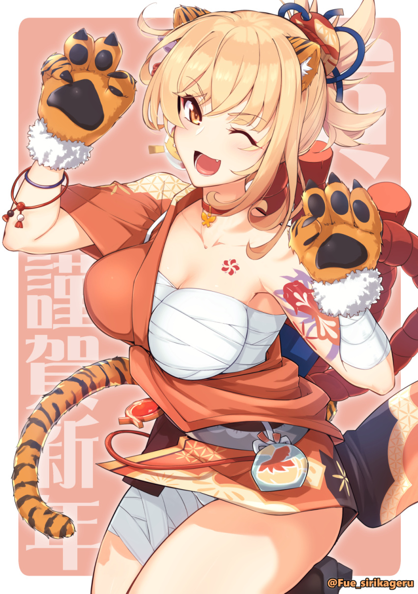1girl animal_ears animal_hands arm_tattoo bandaged_arm bandaged_leg bandages bangs bare_shoulders black_gloves blonde_hair blush breasts chest_tattoo choker cleavage collarbone fake_animal_ears fingerless_gloves flower_tattoo fue_(rhomphair) genshin_impact gloves hair_ornament highres japanese_clothes kimono large_breasts long_hair long_sleeves looking_at_viewer obi one_eye_closed open_mouth orange_kimono paw_gloves ponytail sarashi sash smile solo tattoo thighs tiger_ears wide_sleeves yellow_eyes yoimiya_(genshin_impact)