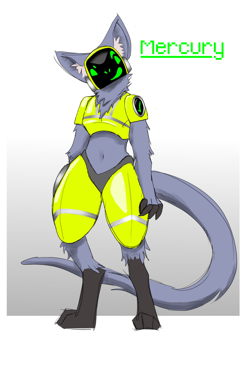 ambiguous_gender anthro cybernetics cyborg hi_res kestenan_(artist) looking_at_viewer machine mercury_(kestenan) name_tag protogen reflective_body simple_background smile smiling_at_viewer smirk solo standing visor