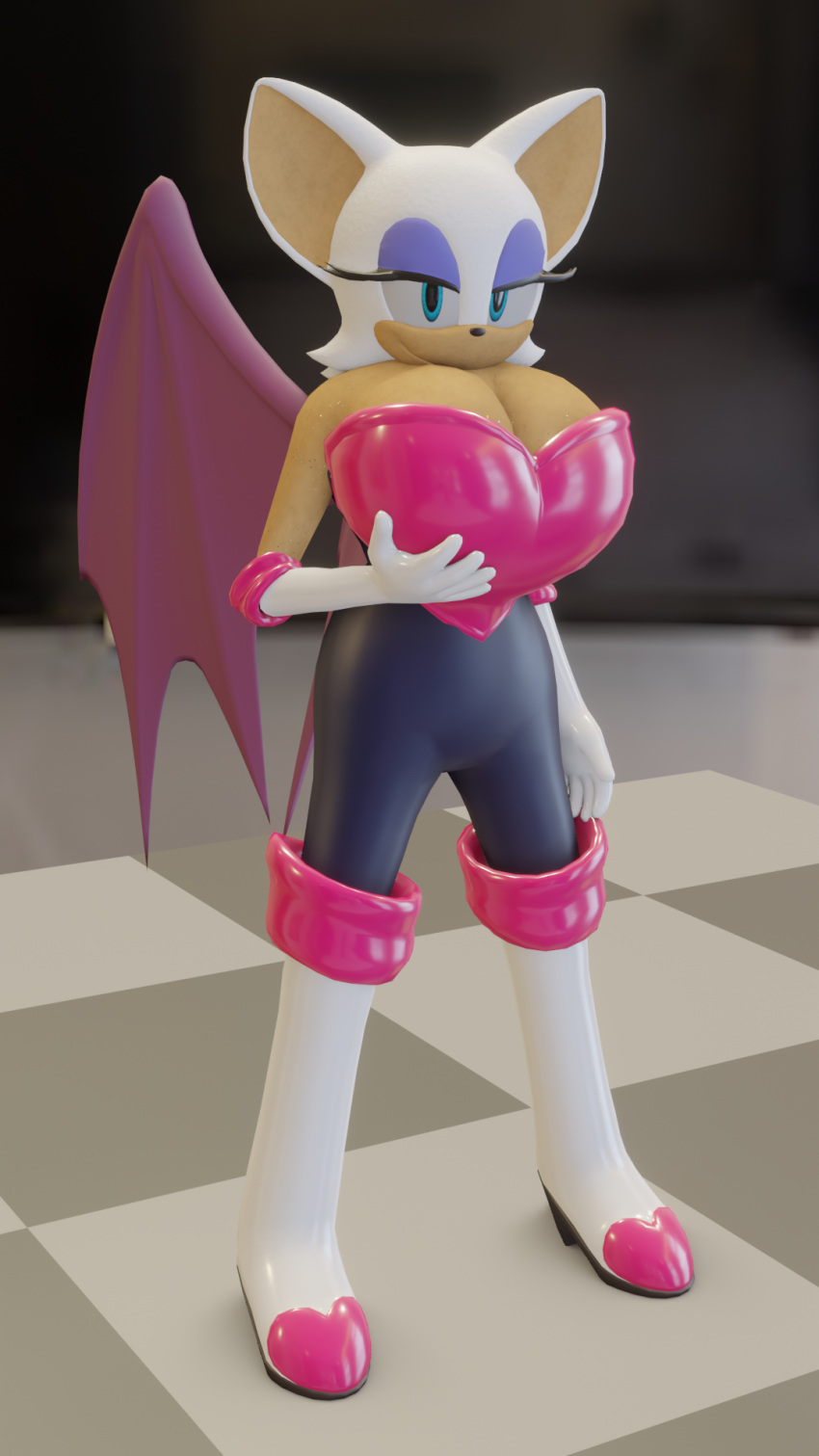 anthro armor ashnacamon boots breast_expansion breastplate breasts chiropteran cleavage clothed clothing expansion female footwear gloves half-closed_eyes hand_on_breast handwear height_growth hi_res humanoid mammal narrowed_eyes rouge_the_bat sega smile smiling_at_viewer solo sonic_the_hedgehog_(series) strapless_clothing tall transformation