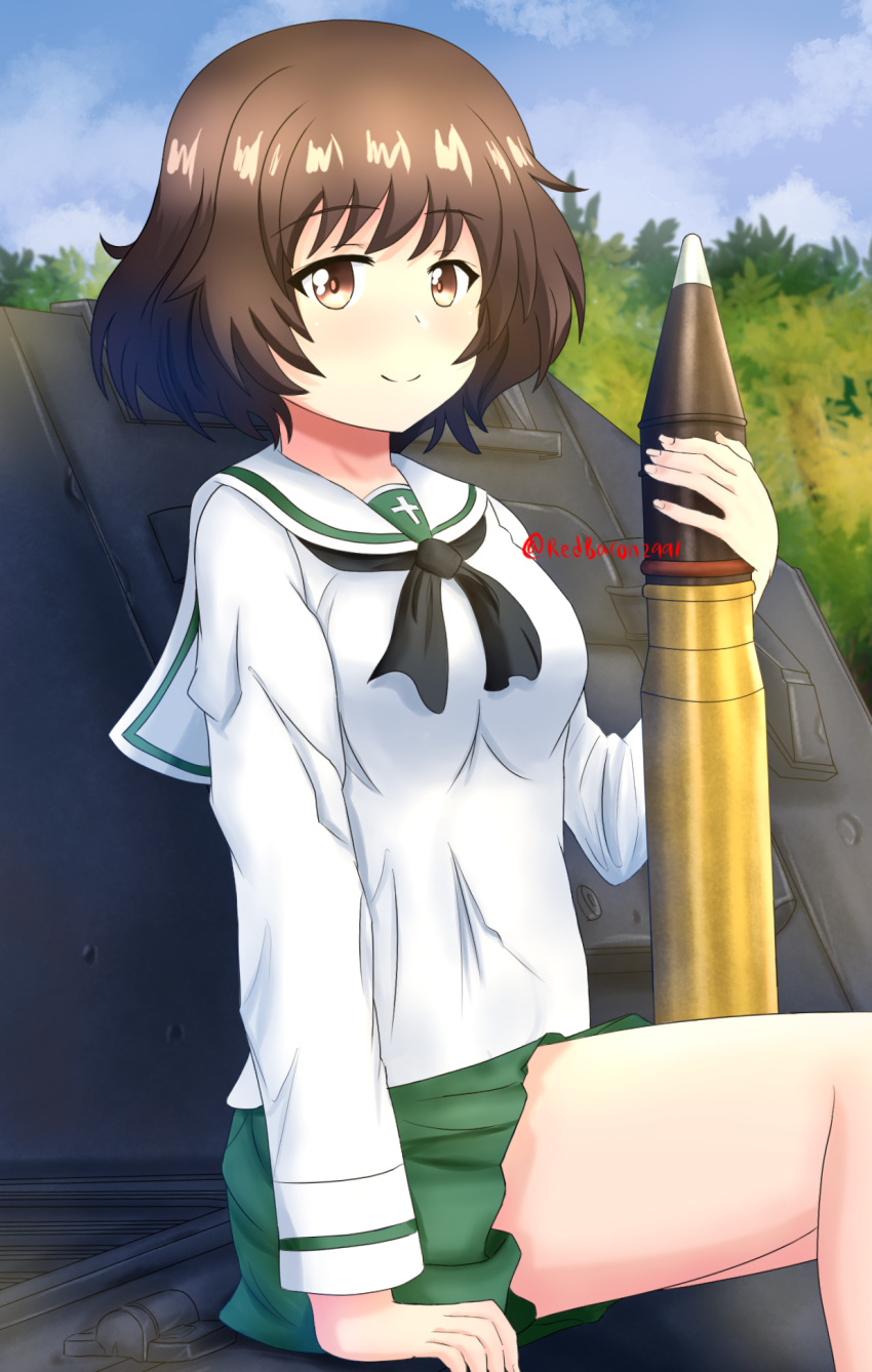 1girl akiyama_yukari bangs black_neckerchief blouse blue_sky brown_eyes brown_hair bush closed_mouth commentary day eyebrows_visible_through_hair girls_und_panzer green_skirt ground_vehicle highres holding long_sleeves looking_at_viewer messy_hair military military_vehicle miniskirt motor_vehicle neckerchief ooarai_school_uniform outdoors panzerkampfwagen_iv pleated_skirt redbaron sailor_collar school_uniform serafuku short_hair sitting skirt sky smile solo tank tank_shell twitter_username white_blouse white_sailor_collar