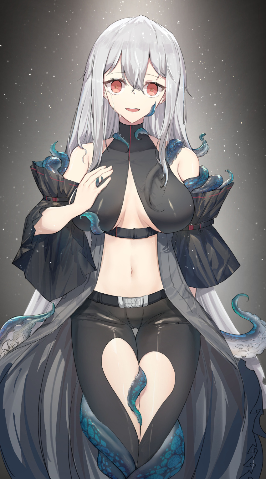 1girl :d absurdres arknights bangs bare_shoulders belt black_pants breasts chinese_commentary cleavage clothing_cutout commentary_request crying crying_with_eyes_open detached_sleeves empty_eyes eyebrows_visible_through_hair feet_out_of_frame gradient gradient_background grey_background hand_on_own_chest highres large_breasts light_particles long_hair navel open_mouth pants red_eyes revealing_clothes short_sleeves silver_hair skadi_(arknights) smile solo standing stomach straight_hair tears tentacles thigh_cutout thigh_gap underbust vchan very_long_hair