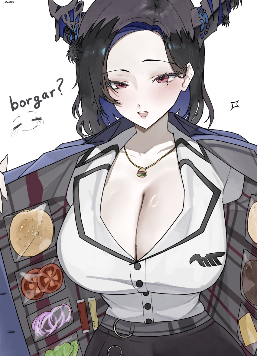 1girl absurdres asymmetrical_horns beef black_hair black_skirt blue_hair blush bread_bun breasts burger cheese cleavage colored_inner_hair crystal_horns demon_horns dress_suit ewn flower food hair_ornament highres hololive hololive_english horn_flower horns jacket jewelry ketchup large_breasts leather leather_skirt lettuce looking_at_viewer meat mole mole_under_eye multicolored_hair nerissa_ravencroft nerissa_ravencroft_(casual) office_lady official_alternate_costume official_alternate_hair_length official_alternate_hairstyle onion open_clothes open_jacket pantyhose pencil_skirt quilted_jacket red_eyes shirt skirt smile soju solo tomato tomato_slice two-tone_hair uneven_horns vegetable virtual_youtuber white_shirt