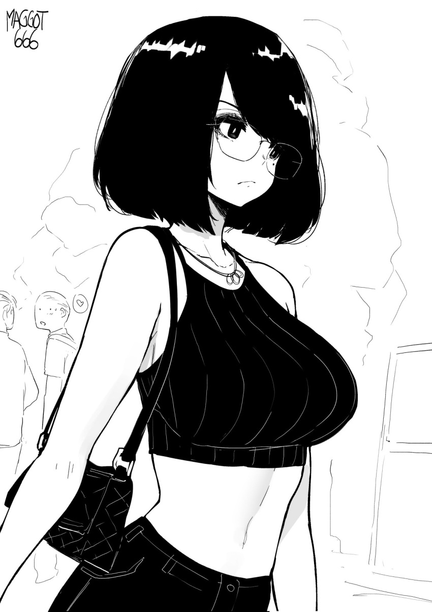 1girl annoyed arms_at_sides artist_name bag bangs bare_shoulders bob_cut breasts bright_pupils camisole closed_mouth collarbone cowboy_shot crop_top desyana_laurentia from_side frown glasses greyscale handbag highres jewelry large_breasts looking_ahead midriff mole mole_under_eye monochrome necklace norman_maggot old old_man original outdoors ribbed_shirt rimless_eyewear shirt solo_focus spaghetti_strap swept_bangs