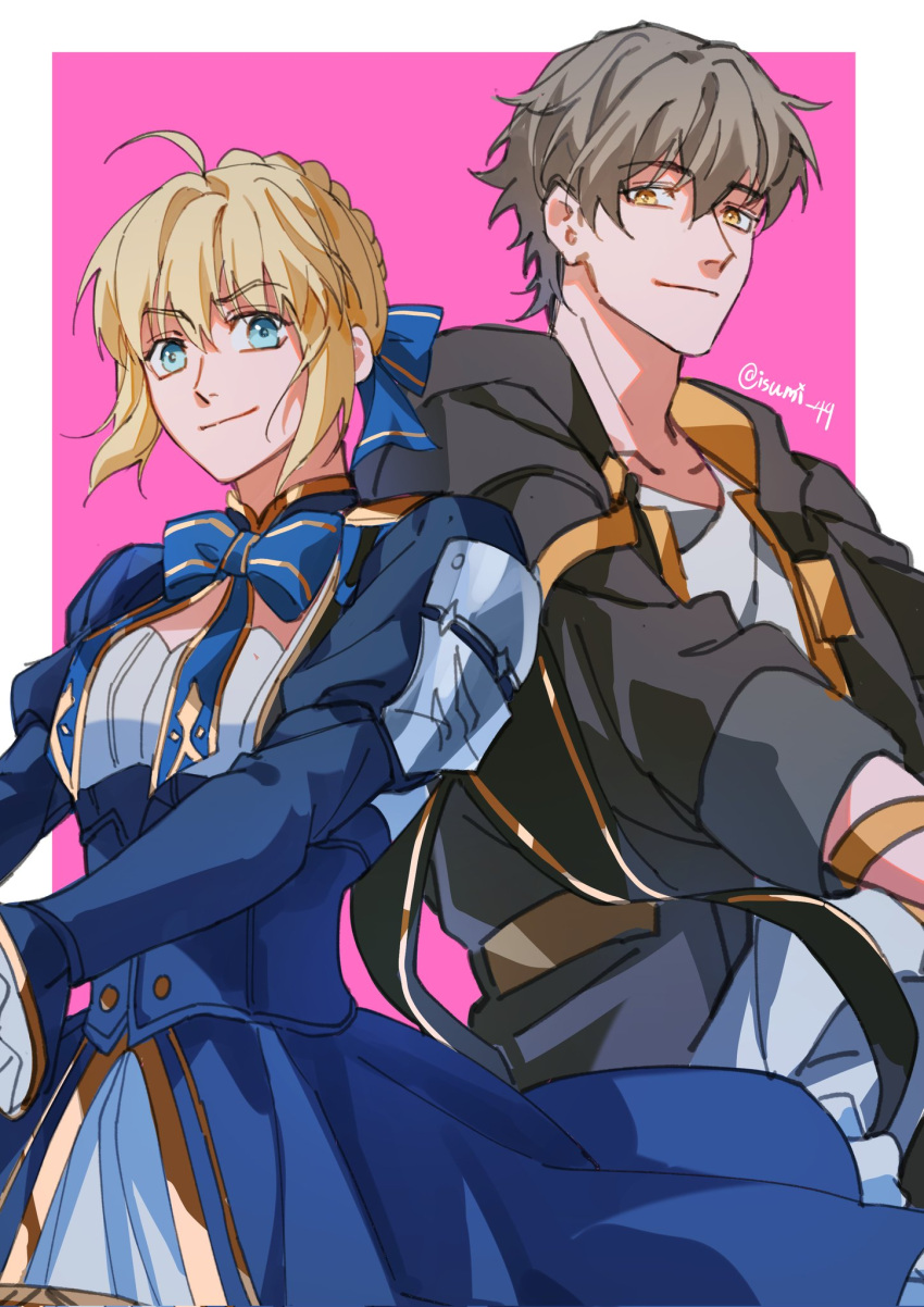 1boy 1girl artoria_pendragon_(fate) blonde_hair blue_eyes border caelus_(honkai:_star_rail) fate_(series) grey_hair highres holding holding_sword holding_weapon honkai:_star_rail honkai_(series) isumi_49 pink_background saber_(fate) saber_(honkai:_star_rail)_(fate) simple_background smile sword trailblazer_(honkai:_star_rail) twitter_username weapon white_border yellow_eyes