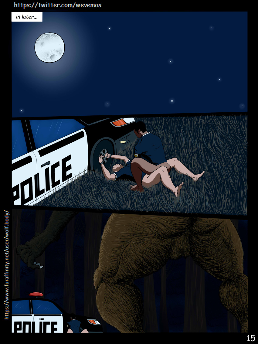 2021 absurd_res anthro balls bottomless butt canid canine car claws clothed clothing comic forest forest_background full_moon fur genitals group handpaw hi_res human male male/male mammal moon muscular muscular_male nature nature_background night night_sky nude paws plant police police_car police_officer police_uniform sex sharp_claws tree uniform vehicle were werecanid werecanine werewolf wevemos work_uniform