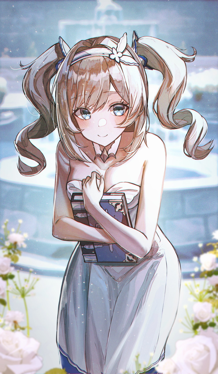 1girl absurdres barbara_(genshin_impact) bare_arms bare_shoulders blue_eyes blush book breasts casual cleavage dress drill_hair flower fountain genshin_impact hair_ornament hairband highres holding holding_book leaning_forward looking_at_viewer merryj outdoors sleeveless sleeveless_dress smile strapless strapless_dress twin_drills twintails water white_dress