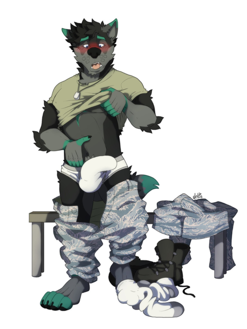 2018 4_toes anthro bench black_nose blue_eyes blush boots bulge canid canine canis clothing dog_tags erection feet footwear fur genitals hi_res looking_at_genitalia looking_at_penis male mammal military military_uniform multicolored_body multicolored_fur nate_(nate17) paws penis pubes sky3 socks solo toes tongue tongue_out undressing uniform wolf
