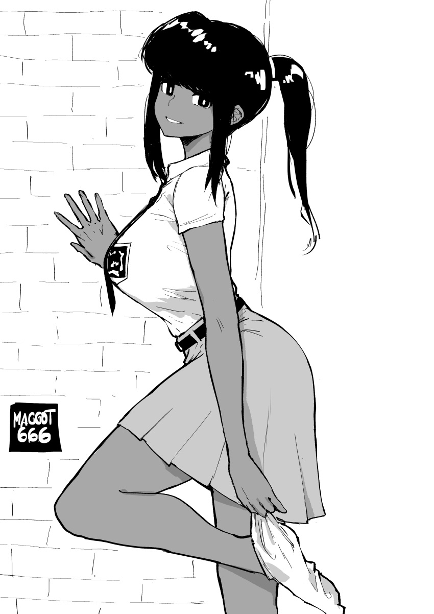 1girl absurdres against_wall artist_name belt black_hair breasts brick_wall bright_pupils cowboy_shot curvy dark_skin from_side greyscale grin highres large_breasts leg_up long_hair looking_at_viewer monochrome necktie norman_maggot original pleated_skirt ponytail removing_sock school_uniform shirt_tucked_in short_sleeves sidelocks skirt smile socks solo standing standing_on_one_leg tented_shirt