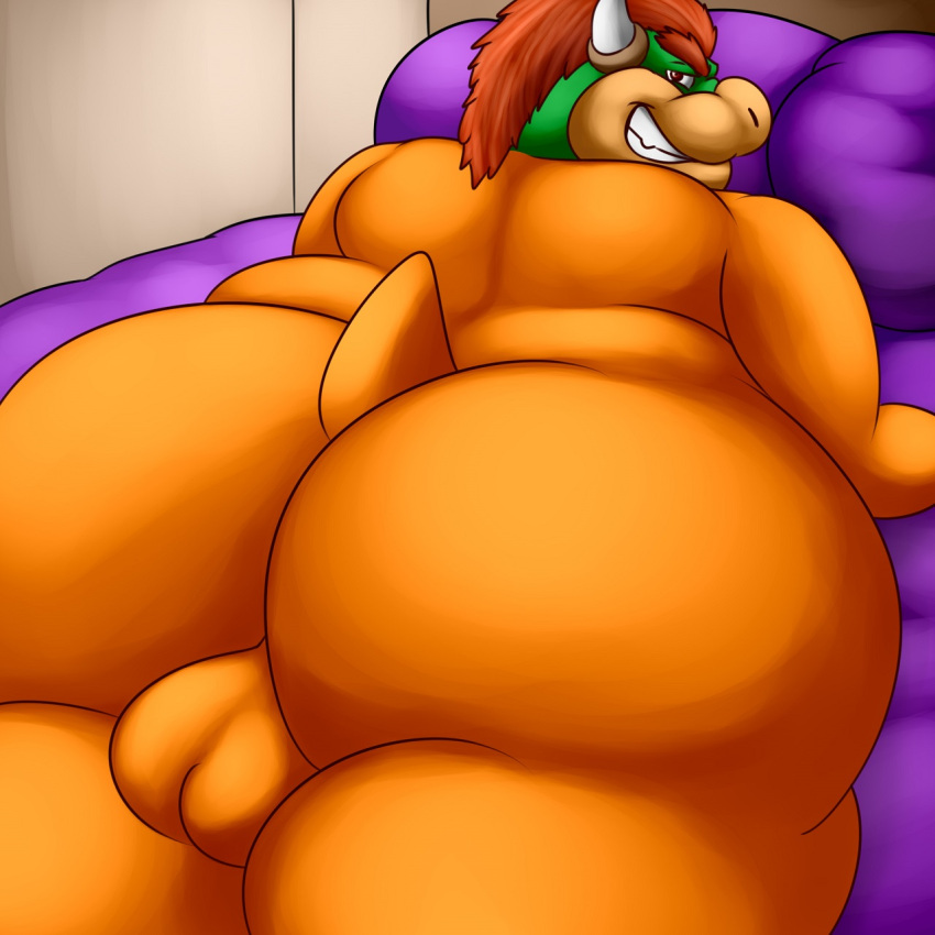 anthro balls big_butt bowser butt genitals hi_res koopa looking_at_viewer looking_back lying male mario_bros nintendo on_front scalie solo teeth thevillager video_games
