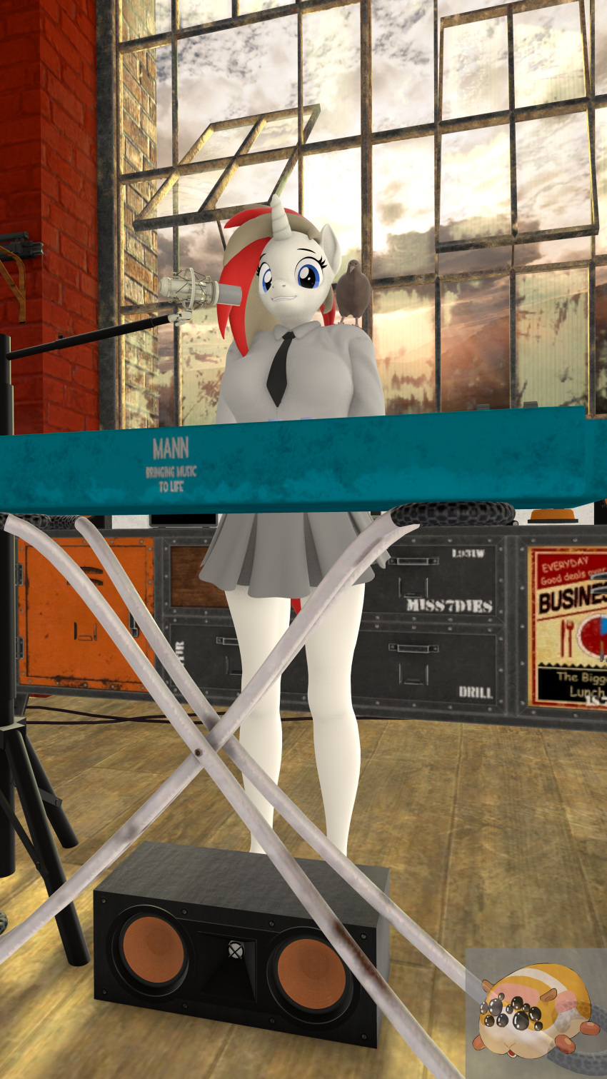 3d_(artwork) absurd_res anthro aria_calliope avian bird bottomwear brick_wall cabinet cables clothing digital_media_(artwork) domestic_pig equid equine female hasbro hi_res horn keyboard_instrument kiwi_(bird) light mammal microphone mr.guinea_pig musical_instrument my_little_pony necktie piano ratite skirt smile smiling_at_viewer solo speaker suid suina sunlight sus_(pig) unicorn wall_(structure)
