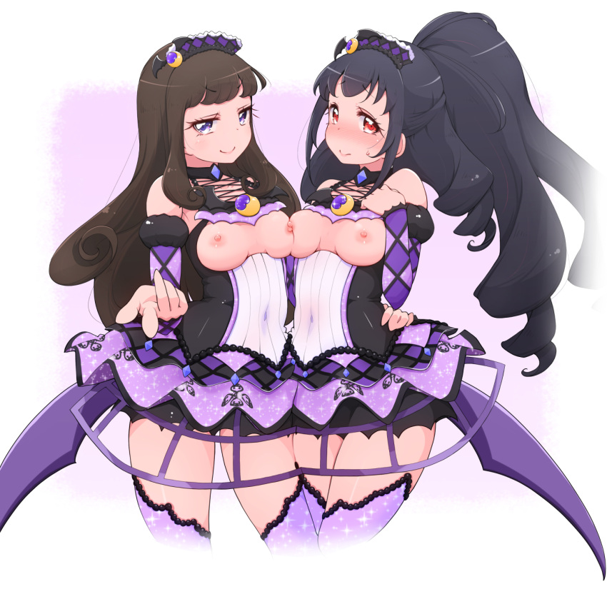 2girls beckoning black_hair blush breast_press breasts breasts_outside brown_hair character_request closed_mouth copyright_request covered_navel cowboy_shot detached_sleeves drill_hair embarrassed hairband hand_up highres long_hair looking_at_viewer medium_breasts miniskirt multiple_girls nipple-to-nipple ponytail purple_eyes purple_legwear purple_skirt red_eyes skirt smile smug symmetrical_docking take_your_pick thighhighs very_long_hair yonekura_hisaki