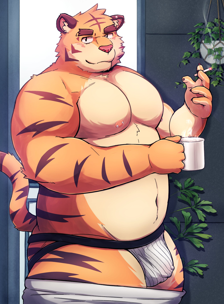 2022 absurd_res anthro belly bulge clothing felid hi_res humanoid_hands i_0rai jockstrap kemono male mammal moobs nipples overweight overweight_male pantherine smoking solo tiger underwear