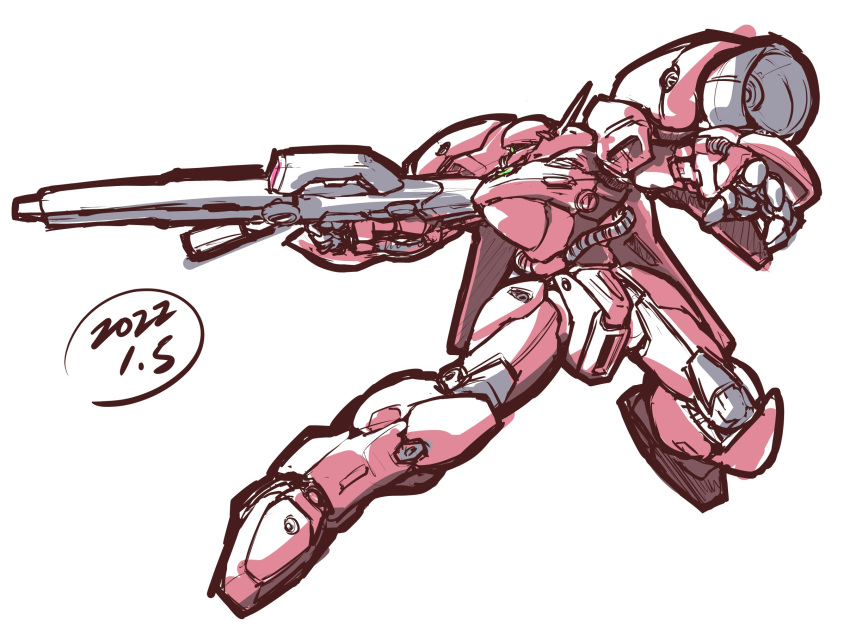 dated from_side gerbera_tetra green_eyes gun gundam gundam_0083 heirou_enterprise highres holding holding_gun holding_weapon mecha mobile_suit no_humans one-eyed open_hand science_fiction sketch solo thrusters weapon white_background