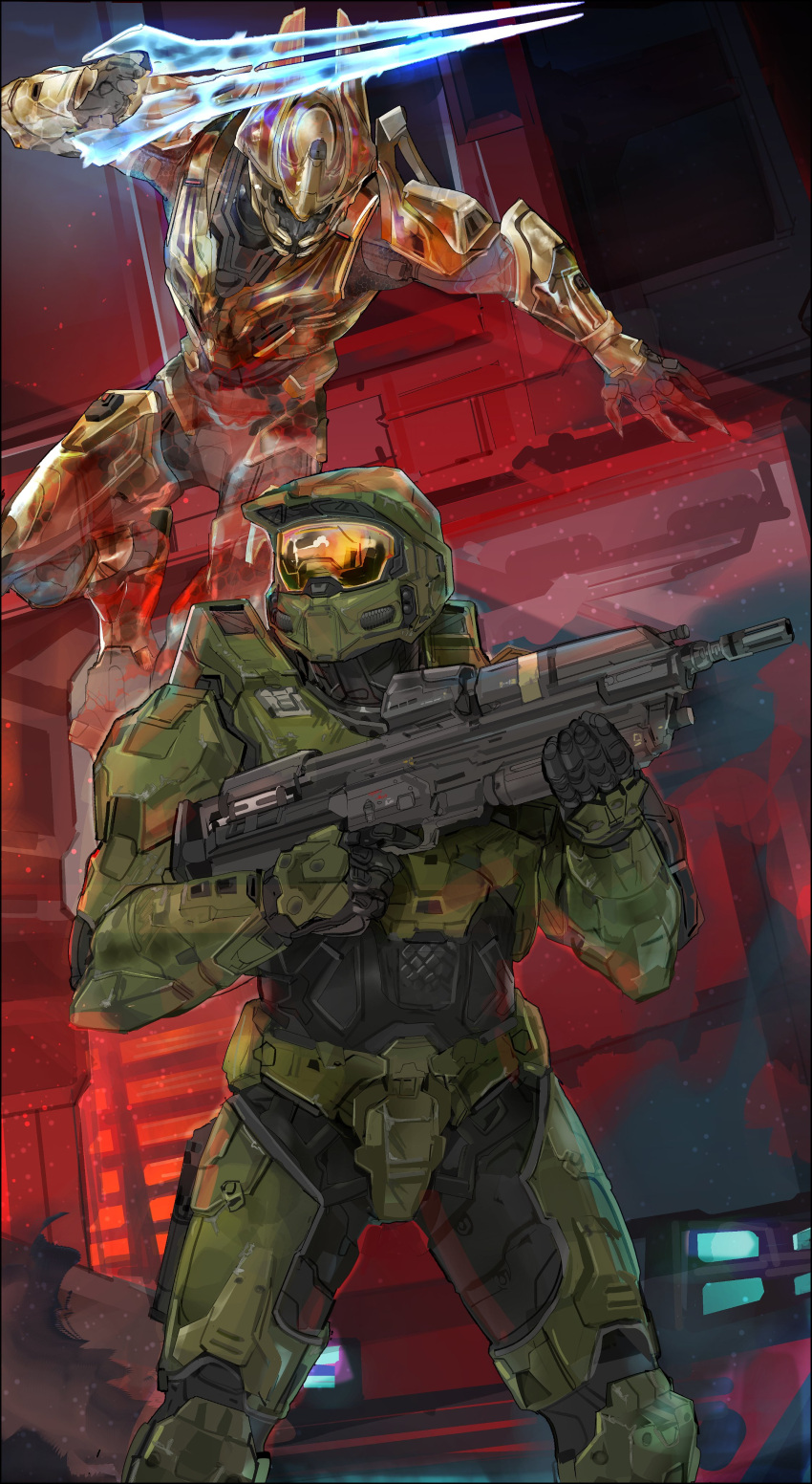 absurdres alien armor assault_rifle character_request elite_(halo) energy_sword gun halo_(series) helmet highres holding holding_gun holding_sword holding_weapon master_chief nslacka plasma_sword power_armor power_suit rifle science_fiction spartan_(halo) standing sword type-1_energy_sword visor weapon