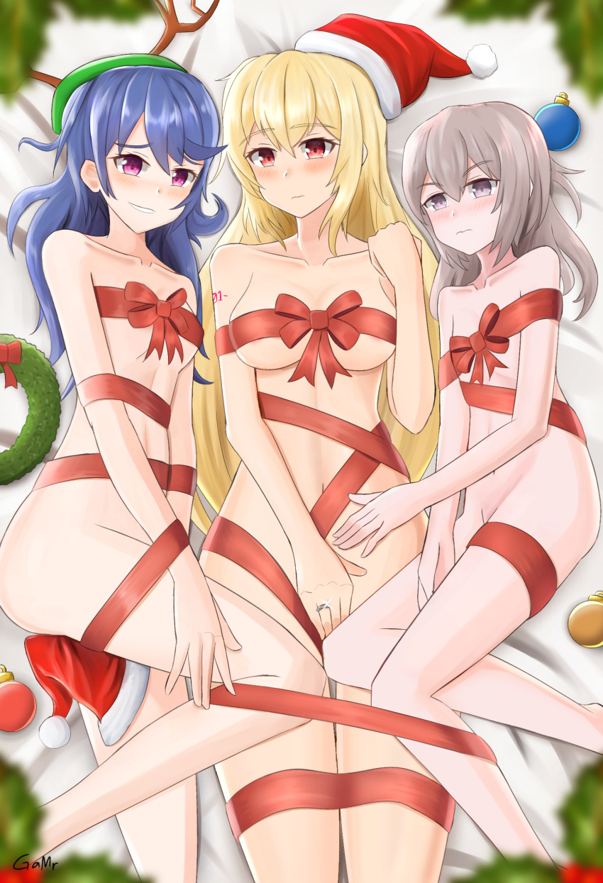 3girls bdsm bed blonde_hair blue_hair bondage bound christmas christmas_ornaments eyebrows_visible_through_hair gamryous girls'_frontline grey_hair hat highres jewelry k11_(girls'_frontline) long_hair looking_at_viewer m200_(girls'_frontline) multiple_girls purple_eyes red_eyes ribbon ring santa_hat smile sv-98_(girls'_frontline)