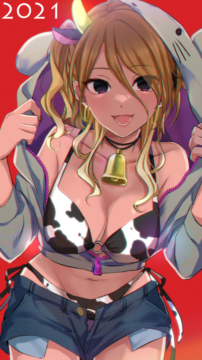 1girl 2021 animal_ears animal_hood animal_print bangs bell bikini bikini_under_clothes black_eyes blonde_hair blue_shorts breasts cleavage commentary_request cow_ears cow_horns cow_print denim denim_shorts eyebrows_visible_through_hair grey_hoodie highres hood hoodie horns idolmaster idolmaster_shiny_colors izumi_mei leaning_forward long_sleeves looking_at_viewer medium_breasts medium_hair micro_shorts midriff mouse_hood navel neck_bell new_year o-ring o-ring_bikini open_clothes open_fly open_hoodie open_mouth opened_by_self partial_commentary print_bikini red_background shorts side-tie_bikini simple_background smile solo standing swept_bangs swimsuit two_side_up white_bikini yoi_r