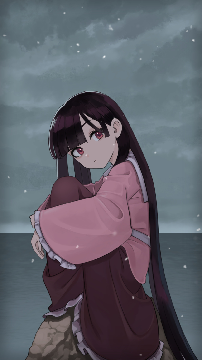 1girl absurdres arms_up bangs belt blouse brown_skirt closed_mouth cloud cloudy_sky collar collared_blouse eyebrows_visible_through_hair frills grey_sky hands_up highres houraisan_kaguya long_hair long_sleeves looking_to_the_side nurupo_(abooon) ocean pink_blouse red_eyes rock sitting skirt sky solo touhou water white_belt wide_sleeves