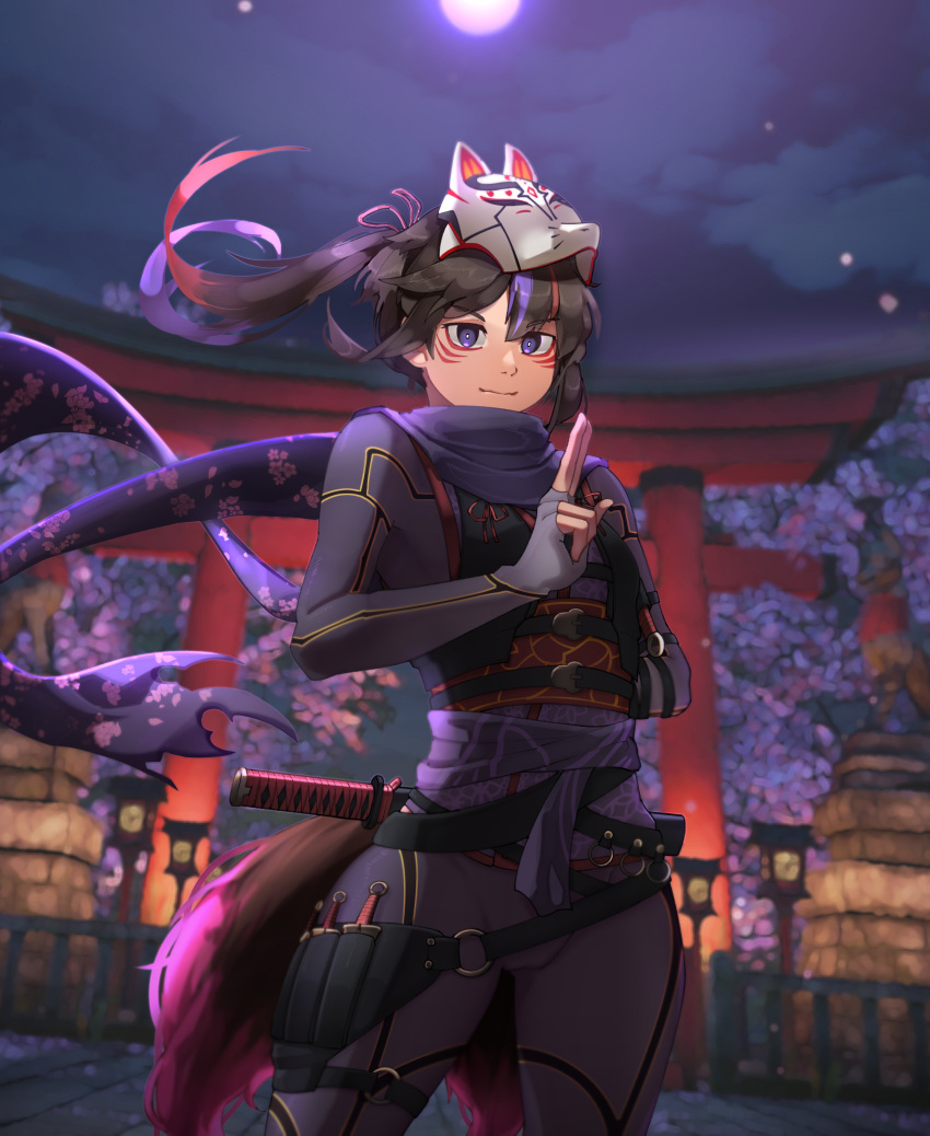 absurdres arm_behind_back belt black_hair bodysuit bright_pupils cherry_blossoms closed_mouth cloud cloudy_sky dagger eyebrows_visible_through_hair facial_mark fox_mask fox_tail h.pn hand_gesture highres knife kunimitsu_(tekken) long_hair looking_at_viewer mask mask_on_head mask_removed moon multicolored_hair night night_sky ninja outdoors patterned patterned_clothing petals purple_eyes purple_hair purple_scarf red_hair scarf sheath sheathed sky statue streaked_hair sword tail tekken tekken_7 throwing_knife torii torn torn_clothes torn_scarf tree weapon white_pupils