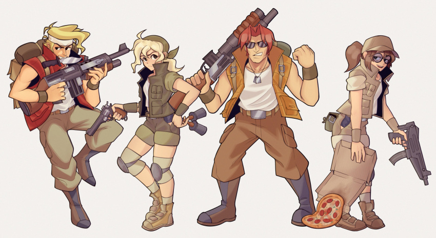 2boys 2girls absurdres bangs belt blonde_hair boots brown_footwear brown_headwear collarbone dog_tags eyebrows_visible_through_hair fio_germi food fujimna glasses gun hat highres holding holding_gun holding_weapon kasamoto_eri knife knife_in_mouth looking_at_viewer marco_rossi metal_slug mouth_hold multiple_boys multiple_girls open_mouth parted_bangs pizza pizza_box red_hair round_eyewear short_hair short_ponytail short_sleeves sleeveless smile sunglasses tarma_roving teeth tired upper_teeth weapon