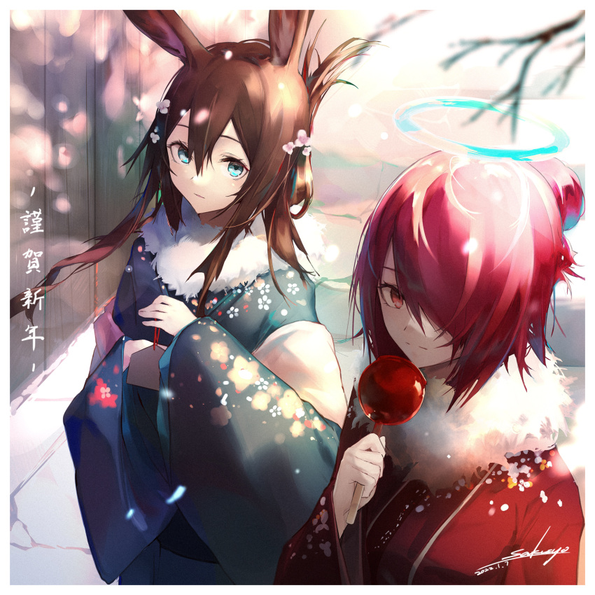 2girls amiya_(arknights) animal_ear_fluff animal_ears arknights bangs blue_eyes blue_kimono blush border brown_hair candy_apple closed_mouth commentary_request dated day ema exusiai_(arknights) floral_print folded_ponytail food fur_collar hair_bun hair_over_one_eye halo highres holding holding_food japanese_clothes kimono long_hair long_sleeves looking_at_viewer multiple_girls outdoors parted_lips print_kimono rabbit_ears red_eyes red_kimono sakusyo shawl short_hair signature smile translation_request upper_body white_border wide_sleeves