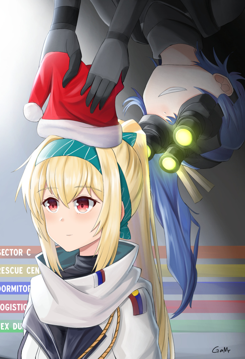 2girls blonde_hair blue_hair eyebrows_visible_through_hair gamryous girls'_frontline gloves grin hairband hat highres k11_(girls'_frontline) long_hair multiple_girls night_vision_device ponytail red_eyes santa_hat scarf smile sneaking sneaking_suit splinter_cell sv-98_(girls'_frontline) white_uniform