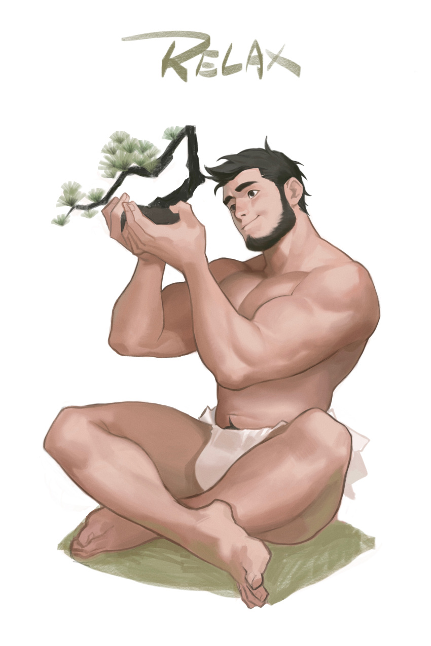 1boy absurdres bara beard black_hair branch bulge closed_mouth facial_hair flower fundoshi highres holding holding_branch indian_style japanese_clothes large_pectorals male_focus muscular muscular_male original pectorals powerlesssong short_hair sitting smile solo white_flower