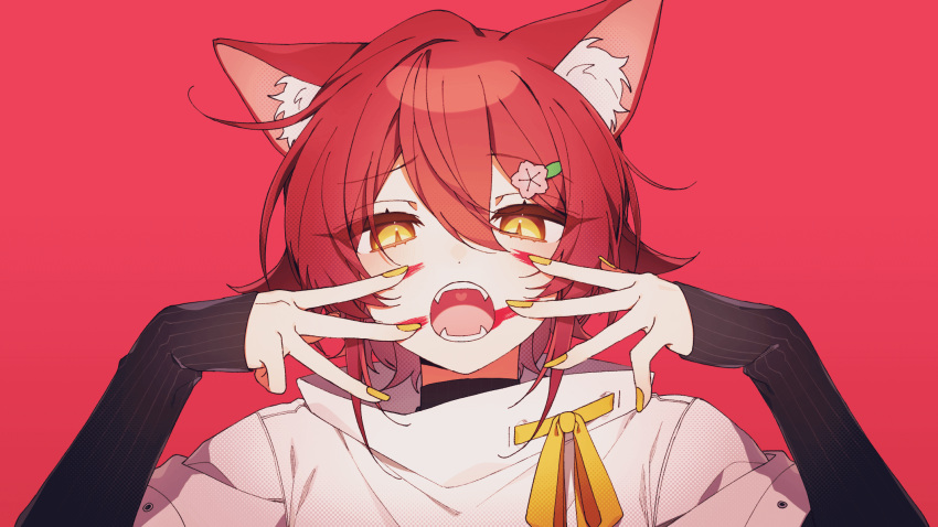 1boy animal_(vocaloid) animal_ear_fluff bangs coojisan eyebrows_visible_through_hair facepaint fangs flower hair_between_eyes hair_flower hair_ornament hanasaki_miyabi highres holostars jacket kemonomimi_mode male_focus open_mouth orange_nails portrait red_background red_hair solo virtual_youtuber white_jacket yellow_eyes