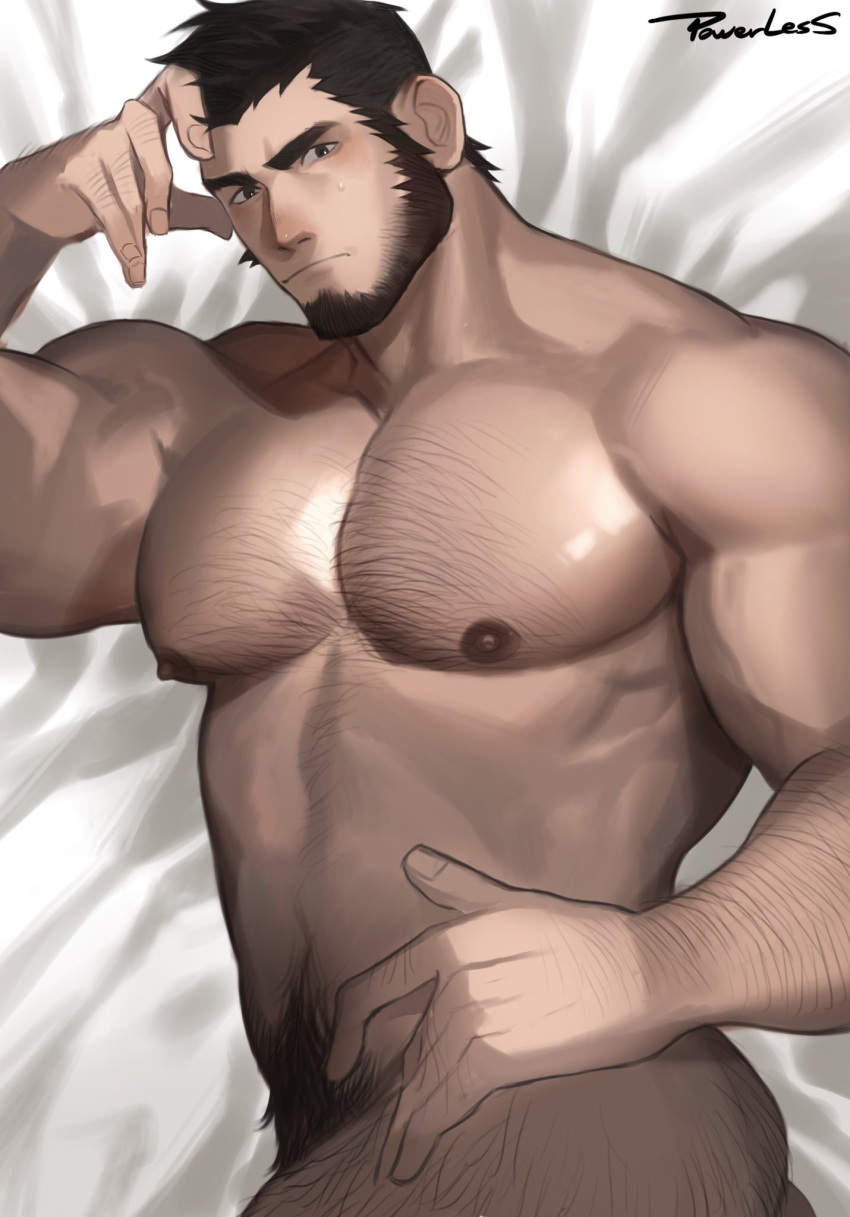 1boy artist_name ass bara beard bed black_hair chest_hair closed_mouth facial_hair highres large_pectorals looking_at_viewer lying male_focus male_pubic_hair muscular muscular_male nipples nude on_bed on_side original pectorals powerlesssong pubic_hair short_hair solo