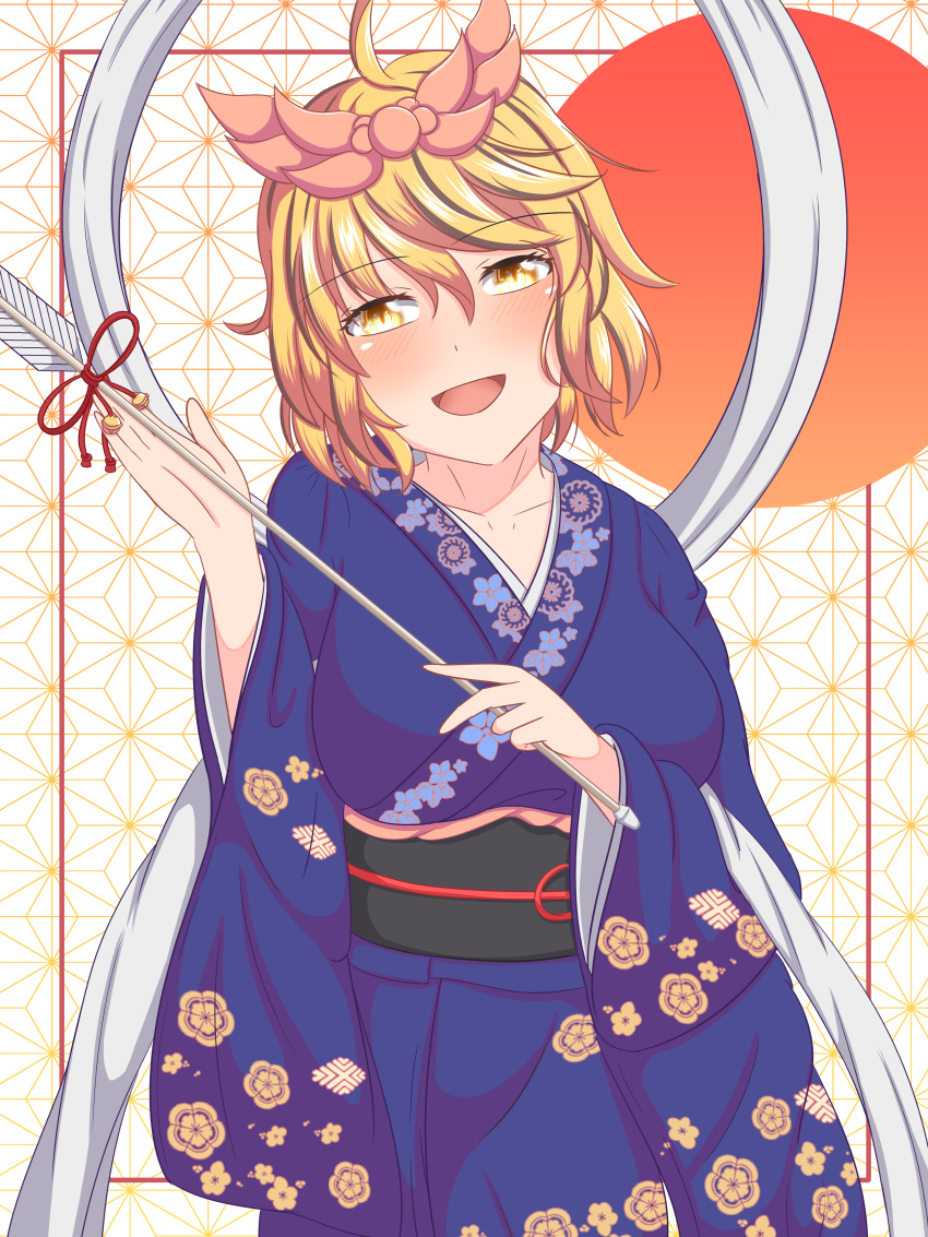 1girl absurdres baketsumuri belt black_belt black_hair blonde_hair blue_kimono breasts chinese_zodiac commentary_request floral_print hair_ornament highres japanese_clothes kimono large_breasts looking_at_viewer multicolored_hair nengajou new_year obi open_mouth sash short_hair slit_pupils smile solo streaked_hair toramaru_shou touhou two-tone_hair year_of_the_tiger yellow_eyes