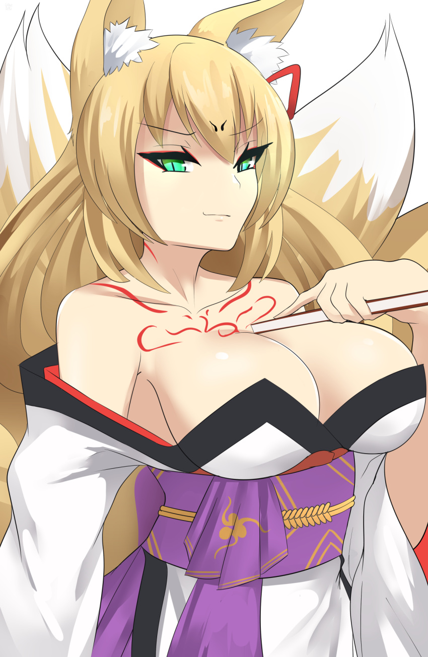 1girl animal_ears blonde_hair breasts cleavage closed_mouth collarbone eyebrows_visible_through_hair fox_ears fox_girl fox_tail green_eyes hair_between_eyes highres holding large_breasts long_hair looking_at_viewer mon-musu_quest! multiple_tails obi off-shoulder_kimono sana!rpg sash simple_background slit_pupils smirk solo tail tamamo_(mon-musu_quest!) tattoo upper_body white_background