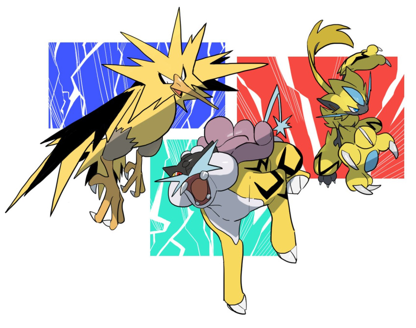 aqua_eyes beak claws furry kochi8i open_mouth pokemon pokemon_(creature) raikou red_eyes symbol-only_commentary talons tongue yellow_fur zapdos zeraora