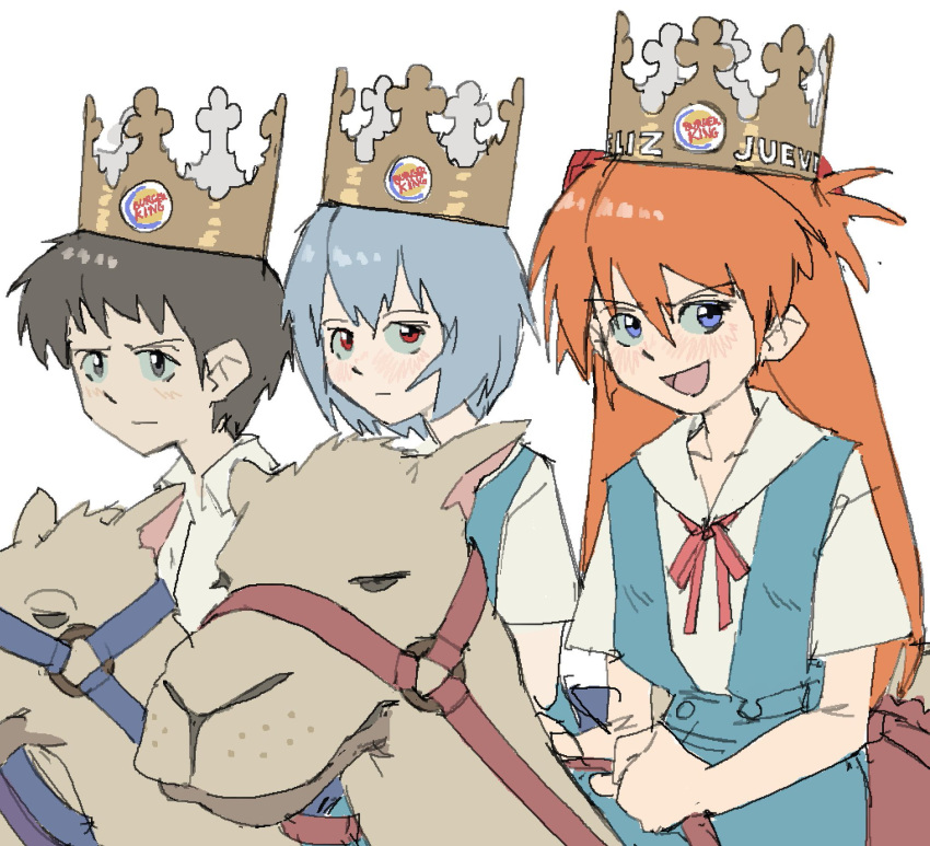 1boy 2girls ayanami_rei blue_eyes blue_hair burger_king camel crown highres ikari_shinji long_hair multiple_girls neon_genesis_evangelion open_mouth pantsu-ripper red_eyes short_hair souryuu_asuka_langley tokyo-3_middle_school_uniform_(evangelion) white_background