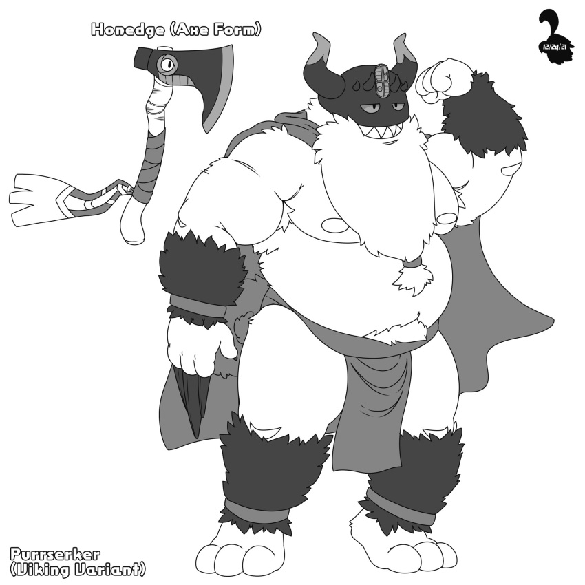 2022 anthro armor belly bottomwear cape clothing headgear helmet hi_res honedge humanoid_hands loincloth male moobs nintendo nipples overweight overweight_male perrserker pok&eacute;mon pok&eacute;mon_(species) samnson simple_background solo video_games white_background