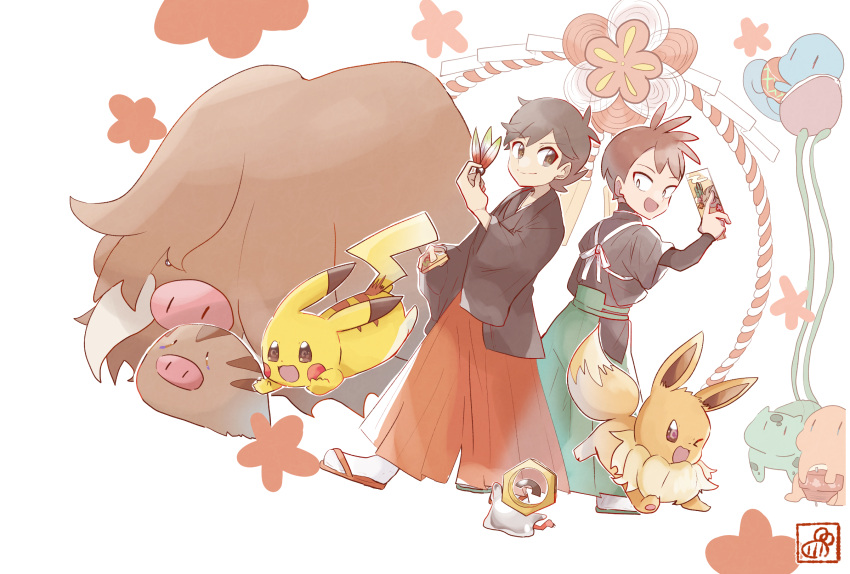 2boys :d alternate_costume bangs brown_hair bulbasaur charmander chase_(pokemon) closed_mouth commentary_request eevee green_hakama hachi_(hachi_sin) hakama hand_up highres holding japanese_clothes long_sleeves male_focus meltan multiple_boys open_mouth orange_hakama pikachu piloswine pokemon pokemon_(creature) pokemon_(game) pokemon_lgpe sandals short_hair smile squirtle standing swinub tabi trace_(pokemon) white_background white_legwear