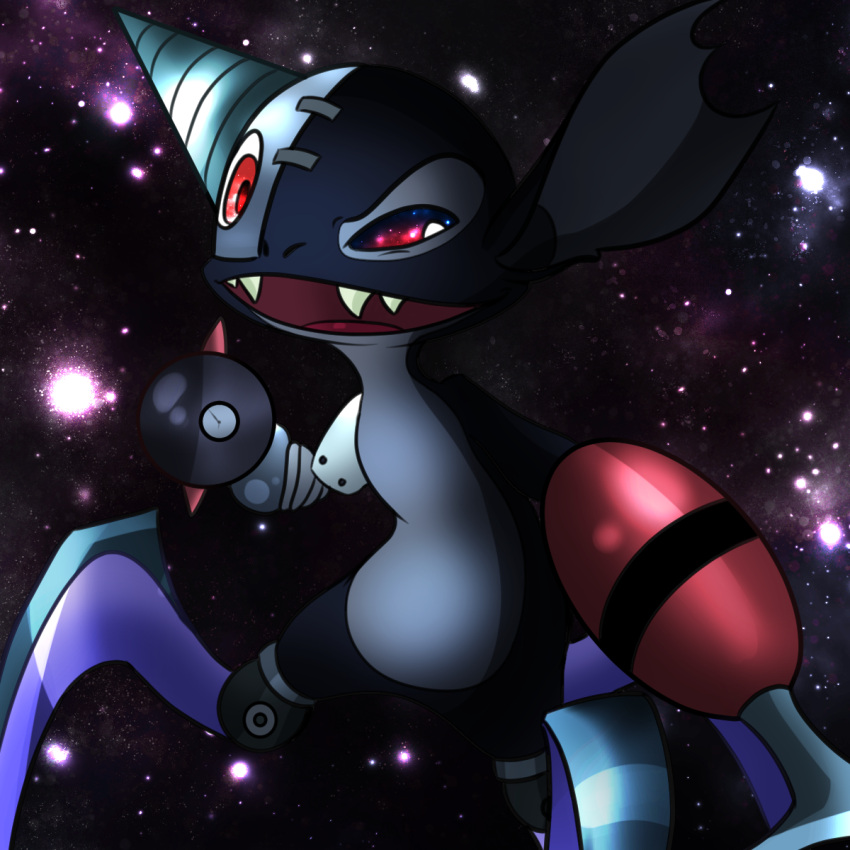 1:1 2021 3_legs alien black_body cyber_(stitch!) cybernetics cyborg digital_drawing_(artwork) digital_media_(artwork) disney experiment_(lilo_and_stitch) hi_res lilo_and_stitch machine notched_ear open_mouth open_smile pupils red_eyes salty_nebula sharp_teeth smile solo space stitch! teeth white_pupils