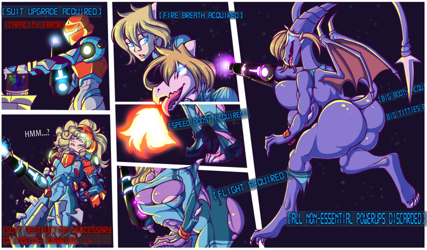 2022 anthro blonde_hair blue_eyes breast_expansion breasts butt butt_expansion comic creamyowl english_text expansion female glowing glowing_eyes growth hair hi_res human human_to_anthro machine mammal membrane_(anatomy) membranous_wings metroid nintendo power_armor purple_body ridleymorph samus_aran simple_background smile solo species_transformation surprise tail_growth text transformation video_games wing_growth wings