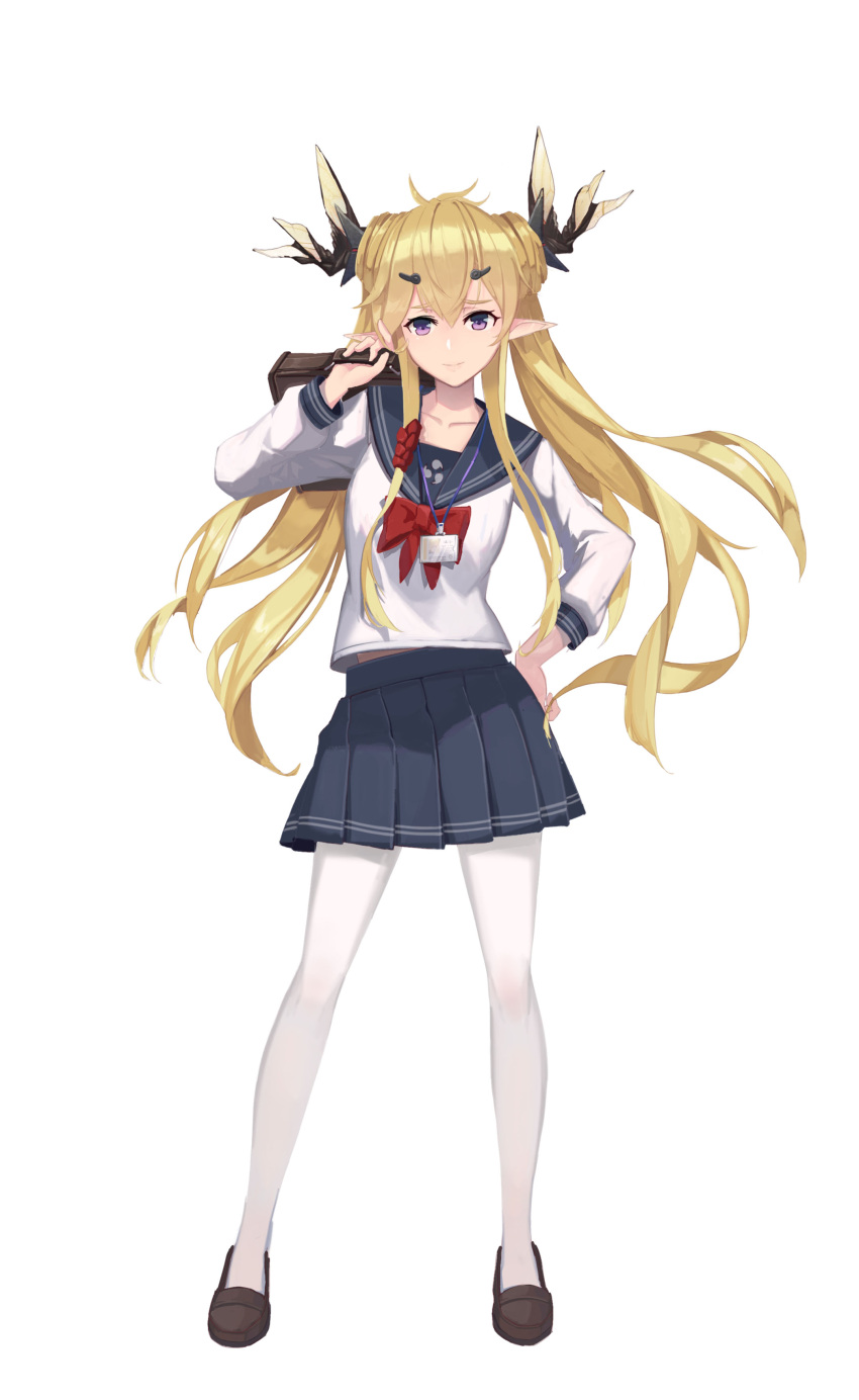 1girl absurdres alternate_costume arknights arm_up bag bangs black_sailor_collar black_skirt blonde_hair bow brown_footwear closed_mouth collarbone hand_on_hip highres holding holding_bag horns huai_chuan id_card leizi_(arknights) loafers long_hair long_sleeves looking_at_viewer miniskirt pantyhose pleated_skirt pointy_ears purple_eyes red_bow sailor_collar school_briefcase school_uniform serafuku shirt shoes sidelocks skirt smile solo standing twintails very_long_hair white_legwear white_shirt