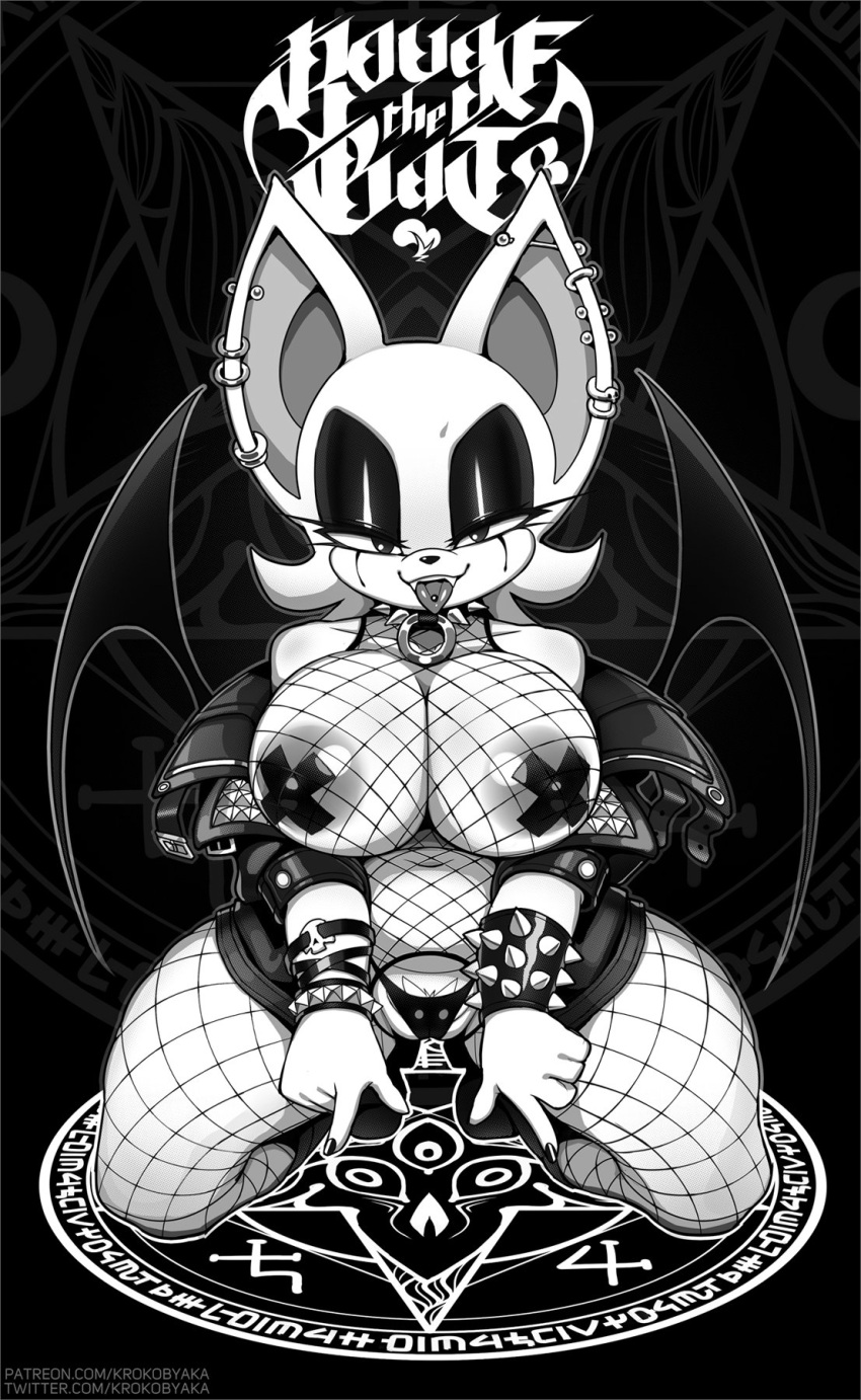 5_fingers anthro areola big_breasts breasts character_name chiropteran clothed clothing ear_piercing ear_ring female fingers goth greyscale hi_res industrial_piercing krokobyaka looking_at_viewer makeup mammal monochrome nipple_tape pasties piercing rouge_the_bat sega short_stack sigil_(symbol) skimpy slightly_chubby solo sonic_the_hedgehog_(series) tape tongue tongue_piercing