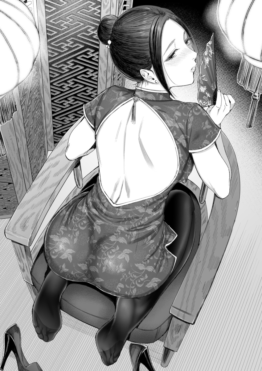 1girl absurdres ass back backless_dress backless_outfit blush chair china_dress chinese_clothes dress greyscale hair_bun hand_fan high_heels highres kyuuso_inukami lantern looking_back monochrome original pantyhose paper_fan paper_lantern seiza shoes shoes_removed short_sleeves sitting solo