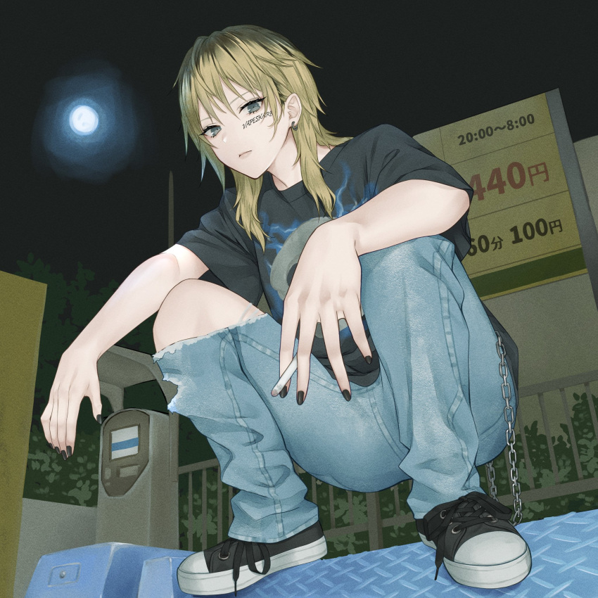 1girl black_nails black_shirt chain closed_mouth daidai_jamu delinquent denim earrings highres jeans jewelry light_brown_hair lips nail_polish original pants shirt shoes solo squatting t-shirt torn_clothes torn_jeans torn_pants yankee