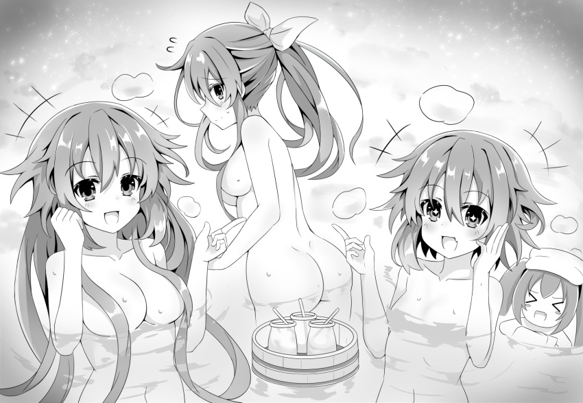 4girls adult_neptune ass breasts convenient_censoring giga-tera hair_ornament highres long_hair medium_breasts monochrome mountain multiple_girls nepgear neptune_(neptune_series) neptune_(series) noire_(neptune_series) onsen open_mouth outdoors shin_jigen_game_neptune_vii short_hair small_breasts smile snow snowing towel wet