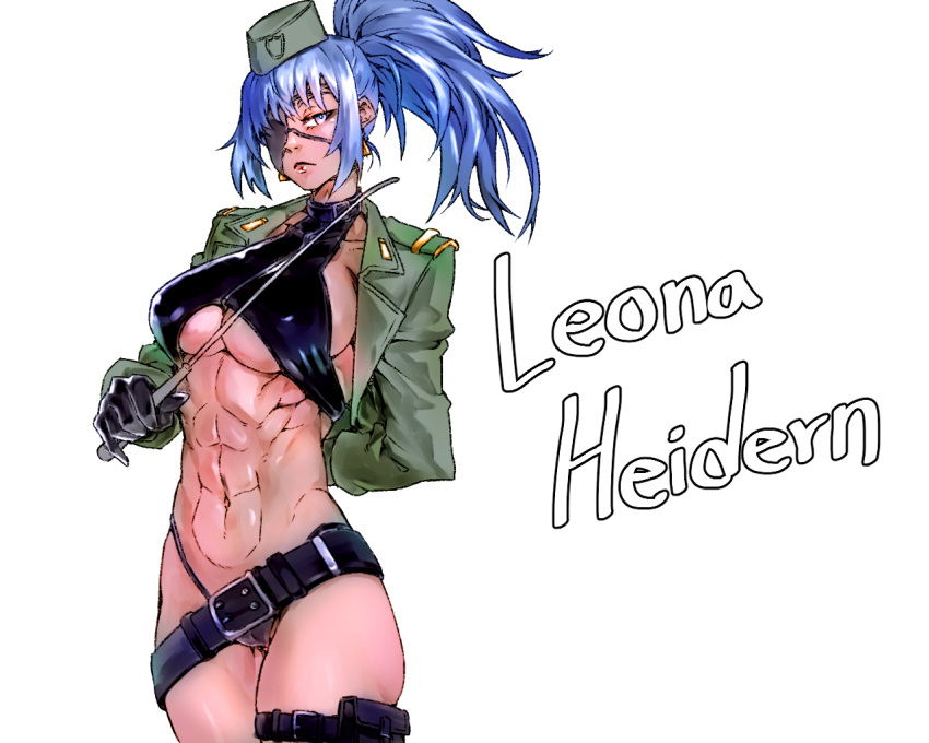 1girl abs belt beret black_gloves blue_eyes blue_hair breasts character_name earrings eyepatch gloves hat jewelry large_breasts leona_heidern metal_slug minew muscular muscular_female ponytail riding_crop simple_background snk_heroines:_tag_team_frenzy solo the_king_of_fighters thong triangle_earrings underboob white_background